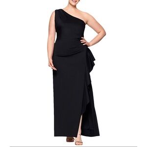 Aqua One‎ Shoulder Side Ruffle Scuba Crepe Gown Black 18W